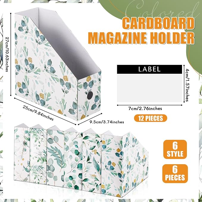 PerKoop 6 Pcs Decorative Magazine File Holders Floral Foldable File Folders Magazine Storage Boxes Rack Desk Organizer Documents with Printable Labels for School Office Home (Eucalyptus Leaves)