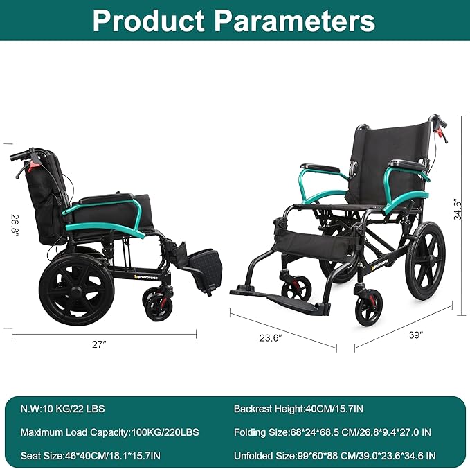 Wheelchairs for Adults,Lightweight Transport Wheelchair with Swing-Away Footrests,Foldable and Portable Travel Wheelchair for Adults adnd Seniors(Green)