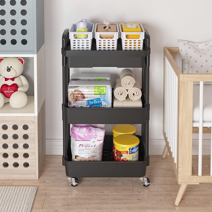 Calmootey 3-Tier Rolling Utility Cart with Drawer,Multifunctional Storage Organizer with Plastic Shelf & Metal Wheels,Storage Cart for Kitchen,Bathroom,Living Room,Office,Black | Space-Saving Organizer, Sturdy Plastic Shelves, Smooth-Rolling Metal Whee...