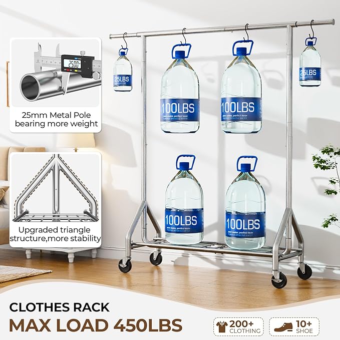 HYSEYY Heavy Duty Clothes Rack Load 450 LBS, Metal Garment Rack, Standing Rolling Clothing Rack for Hanging Clothes with Sturdy Wheels & Shelves, Portable Closet Wardrobe Rack,Sliver