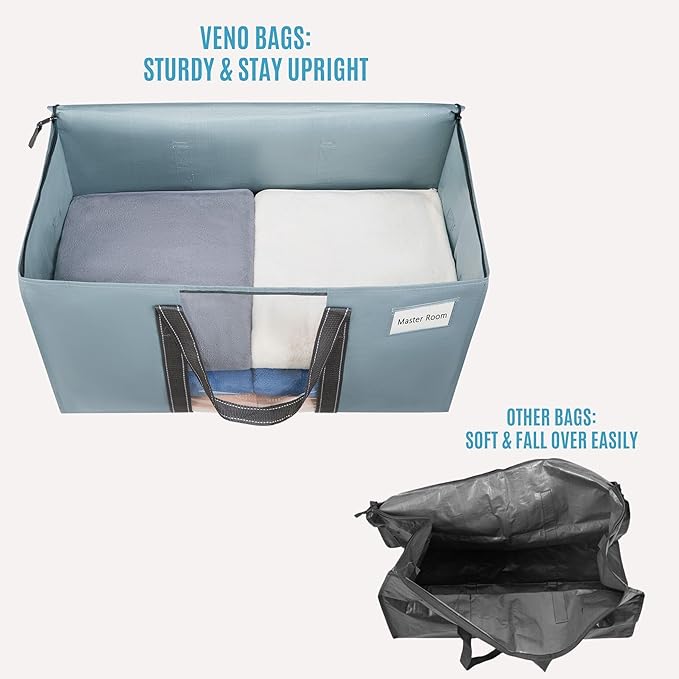 VENO 8 Pack Moving Bags with Clear Window, Heavy Duty Storage Bins with Lid, Around Handles, Tag, Zippers, Extra Large Totes Packing Moving Boxes Supplies for College Dorm Clothes (Light Blue)