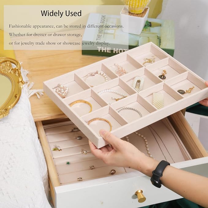 Large Velvet Jewelry Tray, Drawer Organizer for Jewelry in Dresser, Stackable Jewelry Drawer Organizer Inserts for Earring Necklace Bracelet Rings(Beige,24grid)