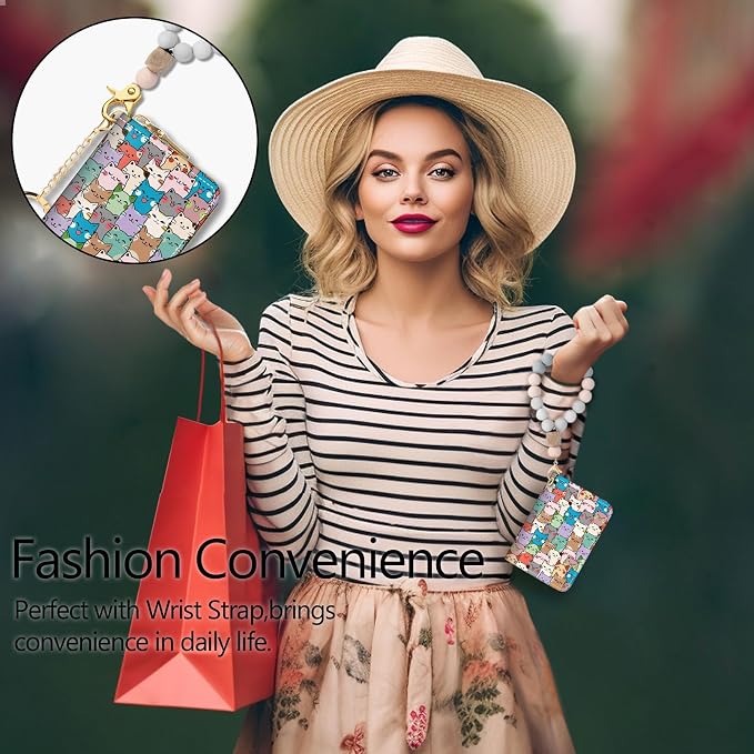 Blusabaca RFID Credit Card Holder Small Women Travel Wallet, Cute Cats | Removable Keychain, Case with Zipper, Vegan PU Leather, Cash Coin Pocket, Business Accordion Purse, Ladies Female Gift