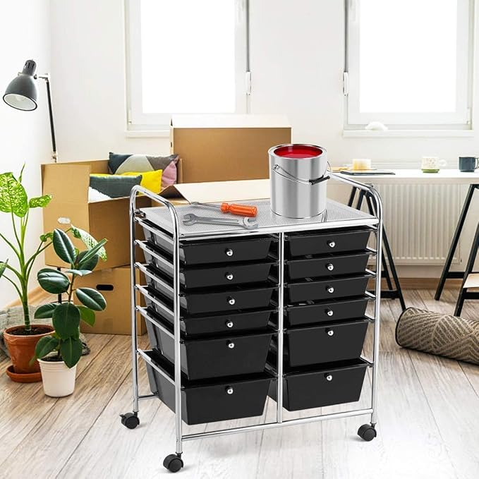Moccha 12-Drawer Rolling Storage Cart - Utility Cart on Wheels with Lockable Casters for Craft Art Supply Paper Salon, Mobile Drawer Carts for Classroom Teacher School Office