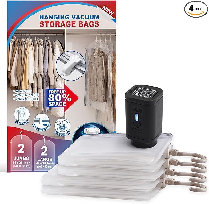Hanging Vacuum Storage Bags For Clothes with Electric Pump, 4 Pack Large Hanging Space Saver Bags, Vacuum Sealed for Clothing Travel Suits Dress Jackets for Moving Supplies(2 Long, 2 Short)