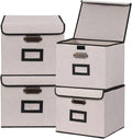 Large Square Storage Bin with Lid, Foldable Organizer Box with Handles & Label Design, for Office, Closet, Home, Documents, Grey, 12.20 x 10.63 x 10.63 Inches, 4 Pack