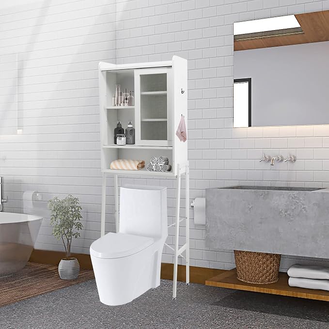 SUNTAGE Over Toilet Storage Cabinet Organizer for Bathroom, Over Toilet Shelf, Freestanding Space Saver with Adjustable Shelves, Acrylic Sliding Door, Wide Open Shelf, 2 Hooks, Classic White