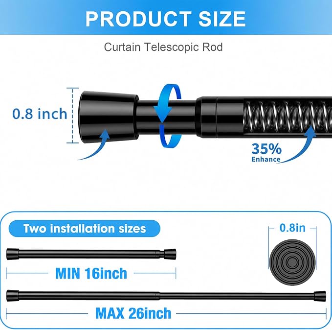 1 Pack Spring Loaded Tension Rod 16-26" Adjustable Curtain Rods No Drill Extendable Spring Rod Tension Curtain Rods For Window Kitchen Shelves Rv Refrigerator And Small Spaces,Black