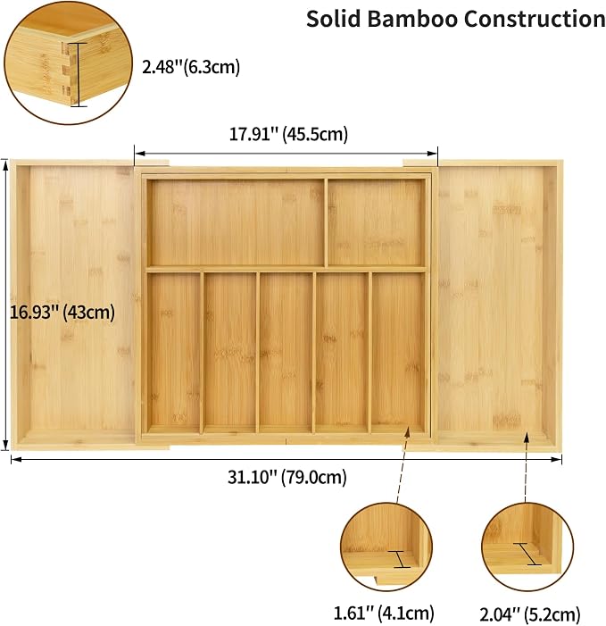 Utoplike Extra Large Kitchen Drawer Organizer, Solid Bamboo Silverware Tray | Expandable Drawers Organizer Holder for Utensils, Cutlery, Silverware, Flatware and Spatulas, with Non-slip Pads, 7-9 Slots