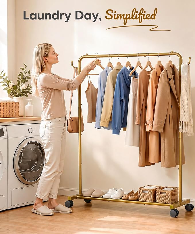 Homde Rolling Clothes Rack with Hooks: Standing Garment Storage for Indoor - Hanging Rod for Bedroom Laundry Room - Coat Dress Organizer on Wheels with luggage shelf (Gold, 46.5")
