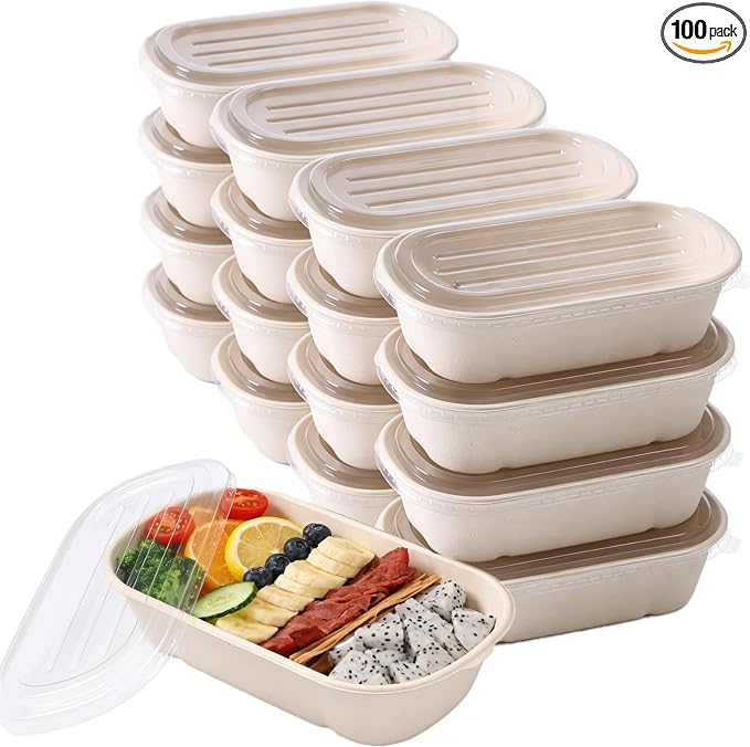 50 Pack Disposable Meal Prep Containers, 23oz Take Out Food Containers with Lid, Microwave Safe Bagasse To Go Paper Bowls Soup Serving Bowls for Salad, Leftovers, Lunch