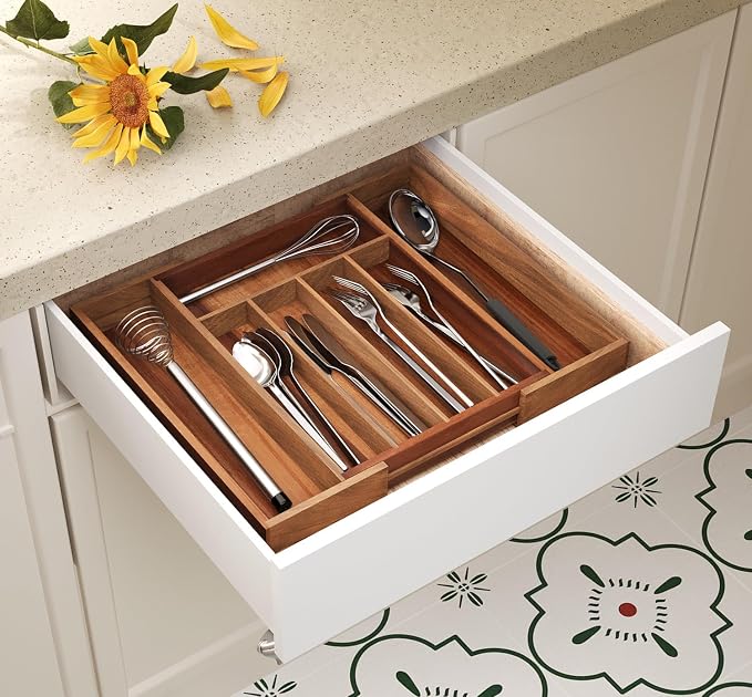 Fibogollo Expandable Kitchen Drawer Organizer,Acacia Wood Silverware Organizer,Adjustable Flatware Tray for Utensils(13.78 * 10.24~16.14 * 1.97)