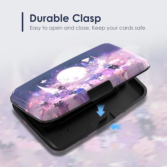 Mini Credit Card Holder for Women Men, RFID Blocking Slim Metal Card Case ID Case Business Travel Hard Wallet, Purple Flowers Moon
