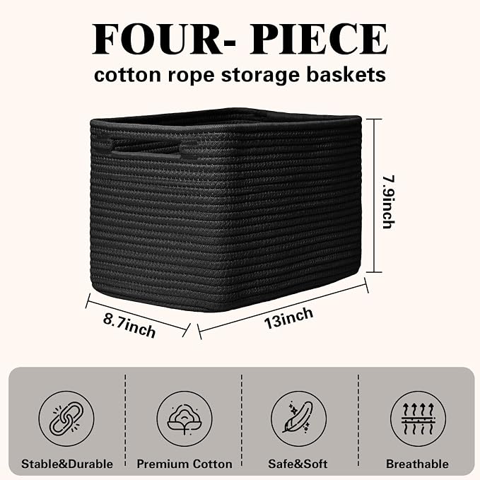 Storage Baskets for Organizing, 4 Pack Baskets for Shelves, Decorative Storage Bins for Shelves, Cotton Rope Storage Basket with Handles, Woven Basket for Storage, 13''Lx8.7''Wx7.9''H, Black
