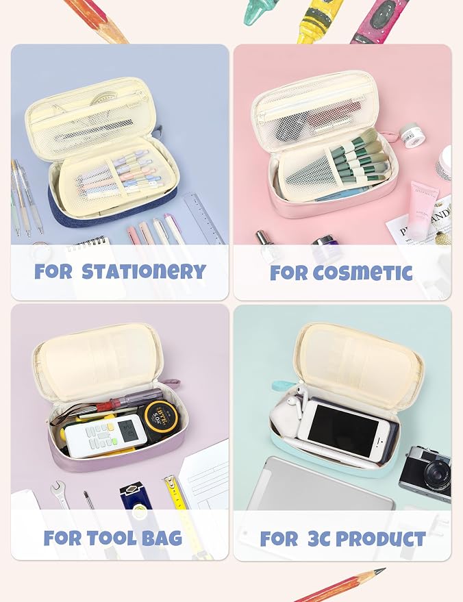 SUNEE Cute Pencil Case, Aesthetic Pen Pouch, Colored Large Pencil Bag with Zipper, Kawaii Stationery Storage and Organizer, School Supplies for Teen and Adult Girls, Navy Blue