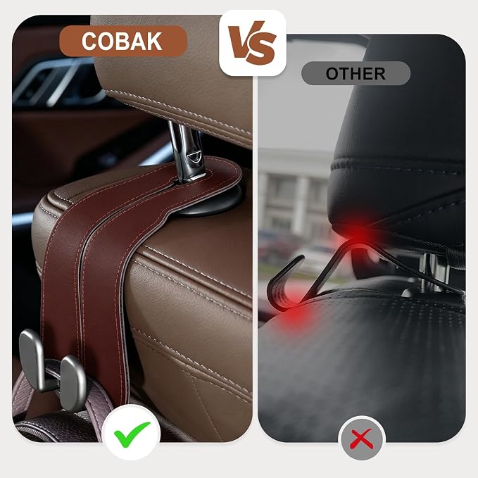 CoBak Purse Hook for Car - Universal Premium Stitched Leather and Aluminum-Magnesium Alloy Double Car Seat Back Storage Hook for Purses, Handbags, Bags (2 Pack),Wine Red
