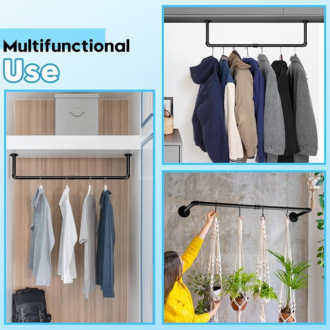 Industrial Pipe Clothes Rack Wall Mounted Clothing Rack Set of 2,38.2 Inches Heavy Duty Iron Garment Rail,Space-Saving Hanging Rod for Laundry Room,Bedroom,Closet Storage