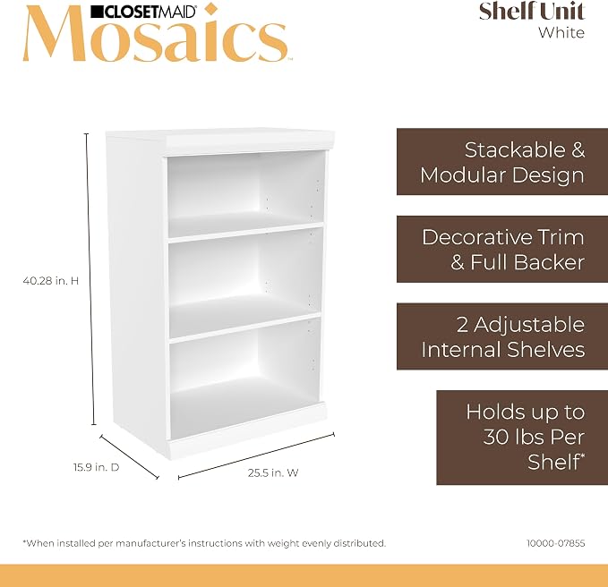 ClosetMaid Mosaics Shelf Unit, 3-Shelf Organizer, 40.29" H x 25.51" W x 16.05" D, White