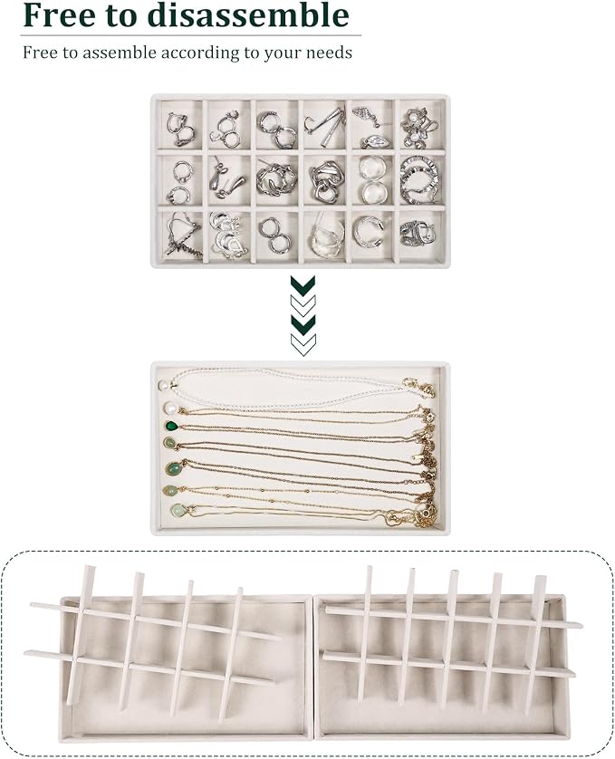 Stackable Jewelry Organizer Trays with Removable Dividers, 2-Tray Beige Jewelry Drawer Organizer Set for Earrings, Necklaces, Rings & Bracelets Gift for Her