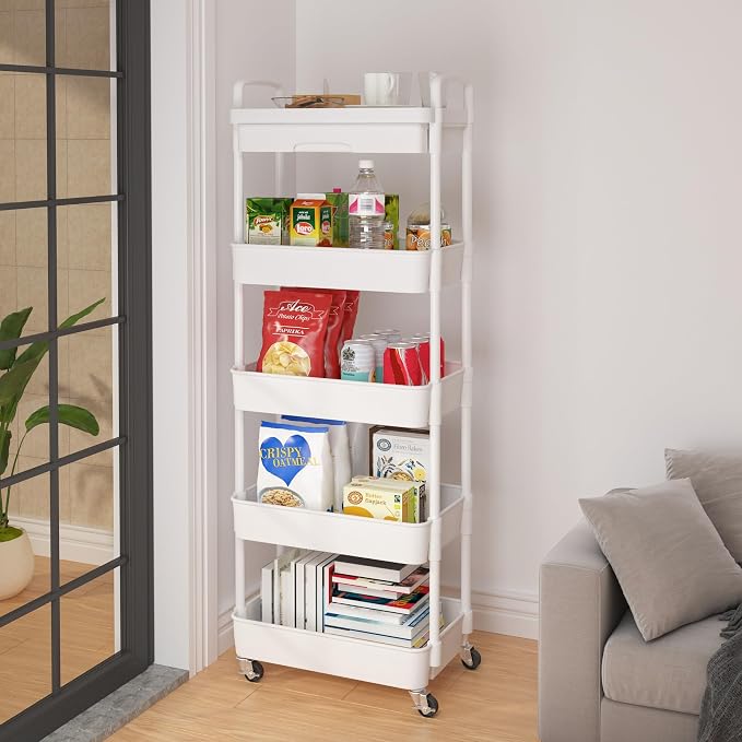 Calmootey 5-Tier Rolling Utility Cart with Drawer,Multifunctional Storage Organizer with Plastic Shelf & Metal Wheels,Storage Cart for Kitchen,Bathroom,Living Room,Office,White | Space-Saving Organizer, Sturdy Plastic Shelves, Smooth-Rolling Metal Whee...