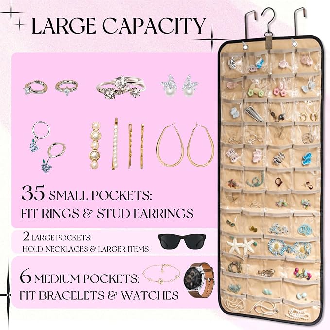Jewelry Hanging Organizer, Oxford Fabric Jewelry Holder with Pockets & Metal Hooks, Wall Mount Door Hanging Storage for Necklaces, Earrings, Bracelets, Large Travel Closet Organizer for Women