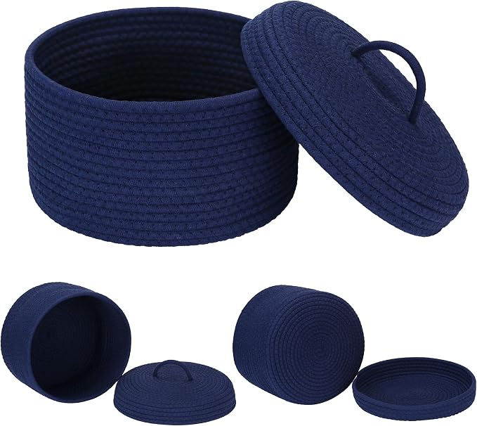 Sea Team Round Cotton Rope Storage Basket with Lid, Lidded Woven Storage Bin, Nursery Storage Container, Diaper Caddy, Baby Shower Basket, Box, Organizer, 11.8 x 11.8 x 6.7 Inches (Medium, Navy Blue)