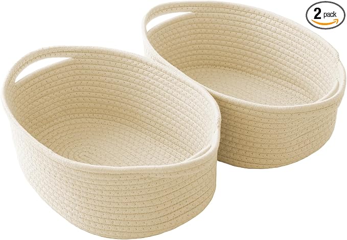JMvicyroam Woven Basket,Small Rope Storage Bin with Handles & Ribbon Bag, Organizer for Shelves Closets,Gift Basket Empty for Birthday,Books,Dog Toys,Beige/2 Pack