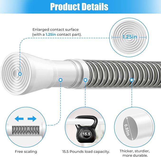 Spring Tension Curtain Rods 33-59 Inch White 1 Pack | No-drill & tool-free setup. Fits windows, kitchens, doorways. Rust-resistant, great for light curtains.