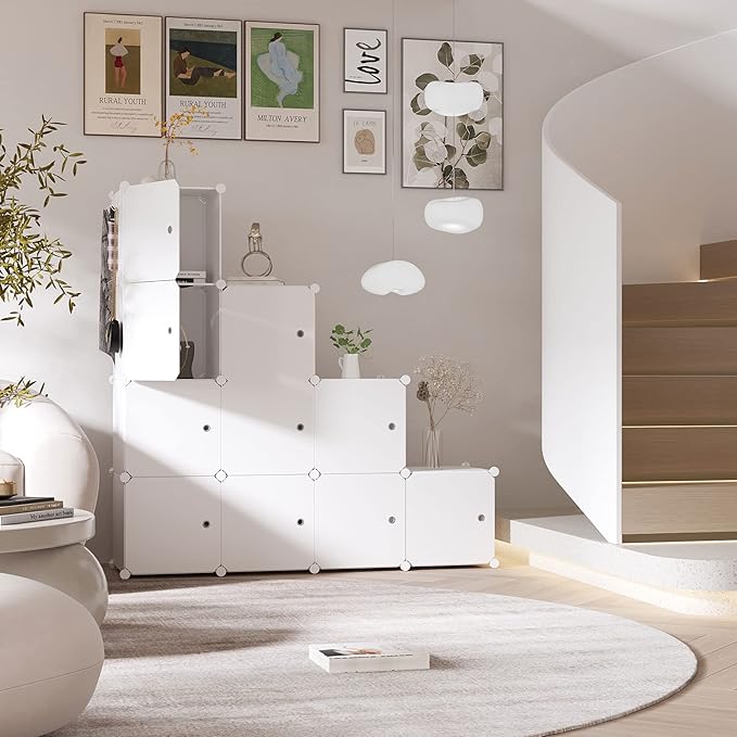 C&AHOME Cube Storage Organizer with Doors, 12-Cube Shelves, Closet Cabinet, DIY Plastic Modular Bookshelf Ideal for Bedroom, Living Room, 36.6”L x 12.4”W x 48.4”H Milky USHS3012M-DOOR