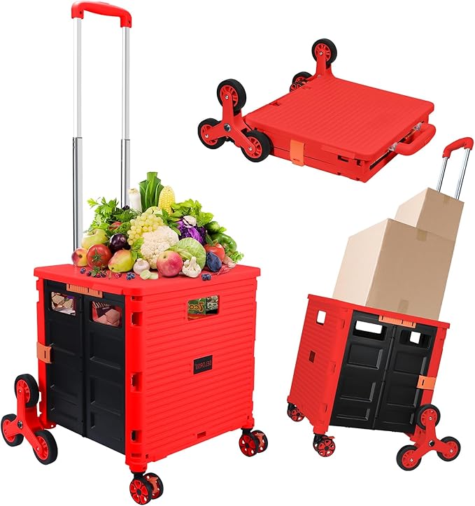 SELORSS Foldable Utility Cart Collapsible Crate Rolling Carts with Stair Climbing Wheels Rolling Tote Basket Teacher Cart with Lid Wear-Resistant 360°Rotate Wheel Noiseless for Shopping Grocery Office