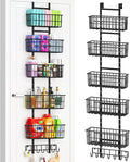 Hongtamoya Adjustable Over the Door Organizer, Metal Hanging Door Organizer with 5 Wire Basket 7 Hooks, Wall Mounted Shelf for Pantry Laundry Organization and Storage, Black