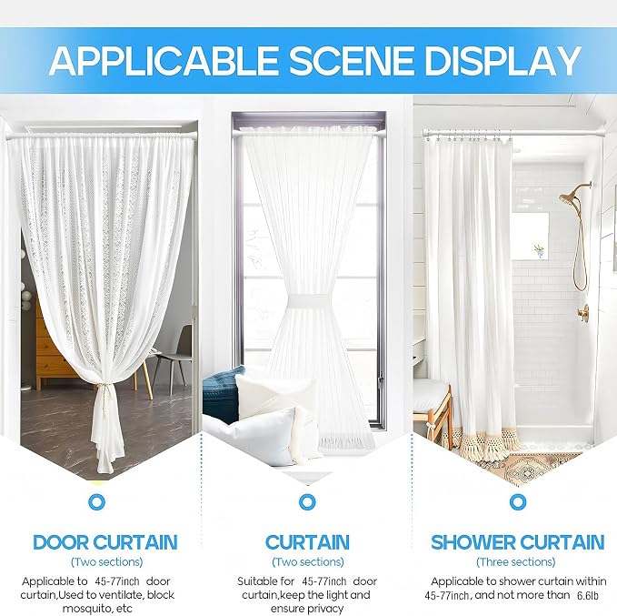 2 Pack Spring Tension Rods 45-77IN, 7/8 Inch Diameter White No Drill Spring Loaded Adjustable Extendable, Small Short Tension Curtain Rod for Windows Kitchen Doorway Closet Cupboard