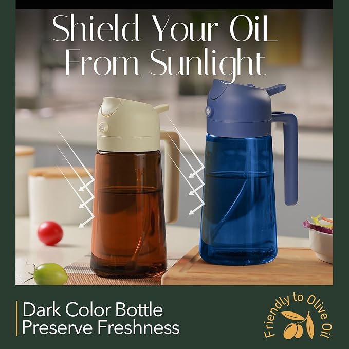 YARRAMATE 16oz/470ml Light-Blocking Dark Oil Sprayer for Cooking, 2 in 1 Olive Oil Dispenser Bottle for Kitchen, Premium Blue Glass Oil Bottle, Food-Grade Oil Mister for Air Fryer, BBQ (BlackNavy)