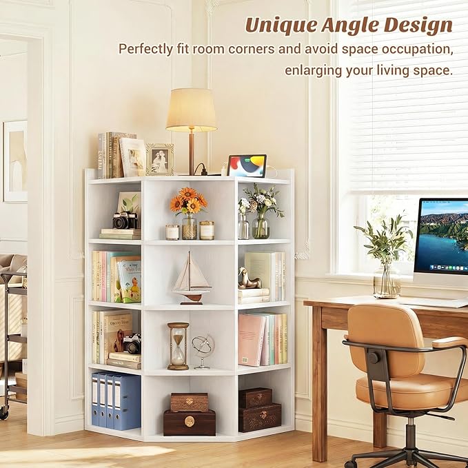 Aheaplus Corner Cube Book Shelf, 5-Tier Corner Cabinet with Power Outlets, Corner Cube Storage Shelf with Top Table, Wooden L Shaped Cubby Bookcase for Home Office, Bedroom, Living Room, White