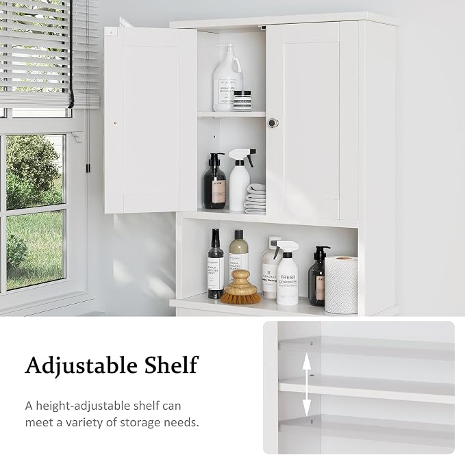 Over the Toilet Storage Cabinet, Bathroom Storage Cabinet White Organizer Over Toilet, Bathroom Space Saver with Adjustable Shelf, White