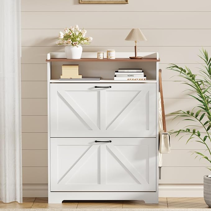 Shoe Cabinet with 2 Flip Drawers, Farmhouse Narrow Shoe Cabinet Organizer with 2 Adjustable Shelves & 2 Hooks, Shoe Rack for Entryway, Foyer, Hallway, White, 31.5" W x 8.7" D x 41.7" H