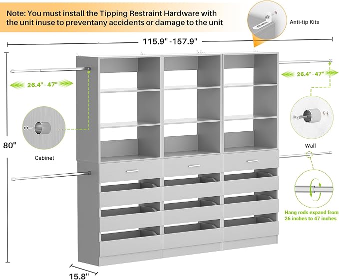 Aheaplus Closet System with 12 Drawers, 8.5-11.5Ft Wood Closet Organizer System with 4 Hanging Rods & 3 Towers, 4Ft & 6Ft L-Shaped Walk-in Closets Wardrobe Organizer Clothes Rack, Set of 3, Grey