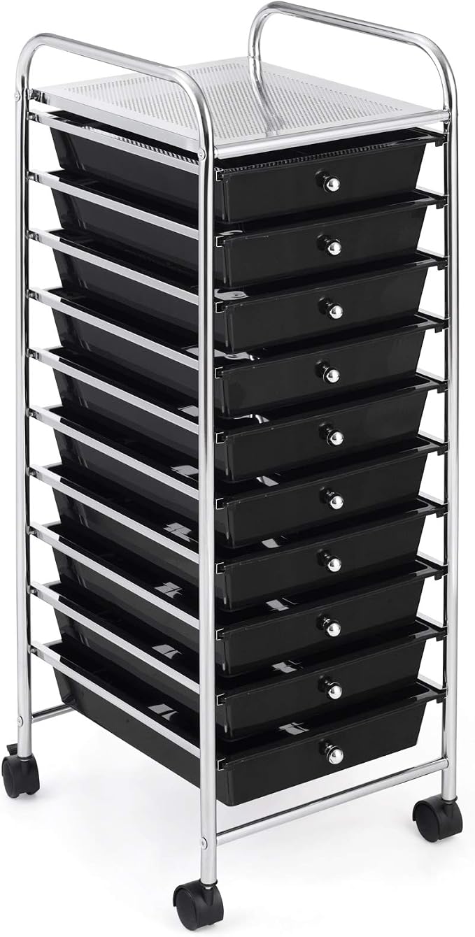 Happygrill 10-Drawer Storage Cart, Utility Cart with Removable Drawers & Metal Frame, Rolling Storage Cart with Lockable Wheels for Home, Office, Black