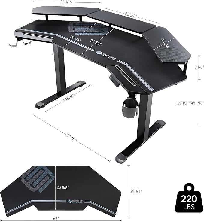 EUREKA ERGONOMIC Gaming Desk Adjustable Height Standing Desk 63" Wing Shaped Music Studio Table Workstation w Full Coverage Mousepad, 3 Stands, Dual Headphone/Cup Holder, Ipad-Slot