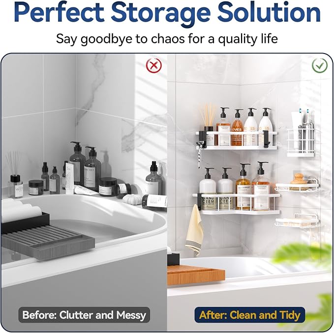 YASONIC Corner Shower Caddy Adhesive, 100% Rustproof Shower Organizer with Soap and Troothbrush Holder, No Drill Shower Shelf for Inside Shower, Wall-Mounted Shower Storage for Homes (5 Pack, White)