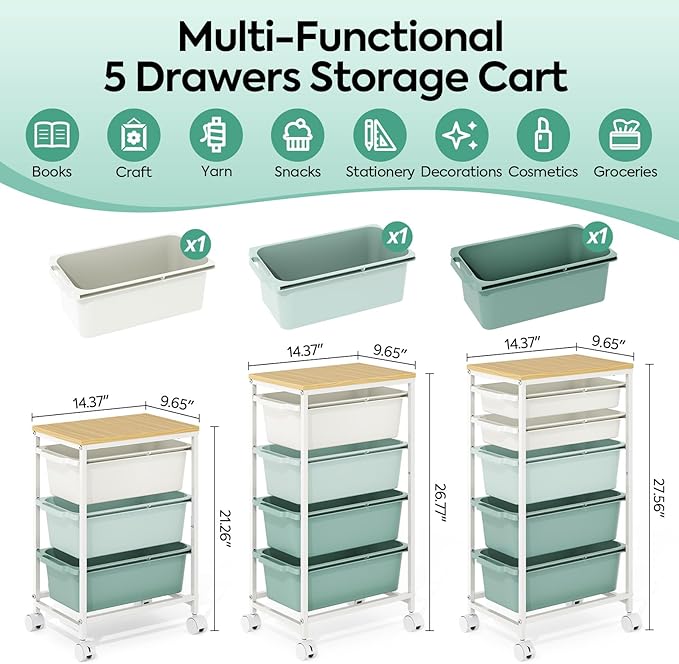 Slim Rolling Storage Cart with 3 Drawers, Craft Organizer, Wooden Tabletop Utility Cart for Bedroom, Children's Room and Office Organization, Under Desk Trolley with Lockable Wheels, Green
