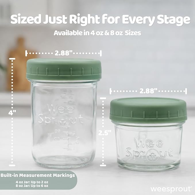 WeeSprout Baby Food Storage Glass Jars w/Lids (4 oz, 6 Pack) Pastel Variety, Snack, Reusable Small Containers, Fridge or Freezer, Microwave & Dishwasher Safe, Essentials for Infants