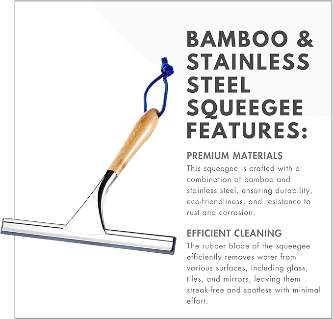 ToiletTree Products All Purpose Bamboo Stainless Steel Squeegee - Rust Proof Deluxe Squeegee with Hanging Hook – Hand Wiper for Shower Doors, Bathroom, Car Window & Kitchen (Bamboo)