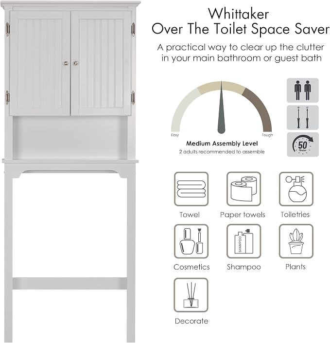 UTEX Over The Toilet Storage Cabinet, White Bathroom Organizer with Doors | FSC-Certified MDF, Adjustable Shelves, Anti-Tip Bracket, 34'' Toilet Clearance, Hidden & Open Storage for Toiletries, Towels