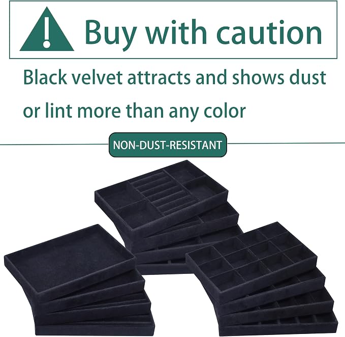 12 Pcs Velvet Jewelry Tray Stackable Jewellery Organier Trays Earrings Necklace Rings Storage Box Jewelry Drawer Display Case for Bracelet Earring Watch Accessories with Removable Dividers, Black