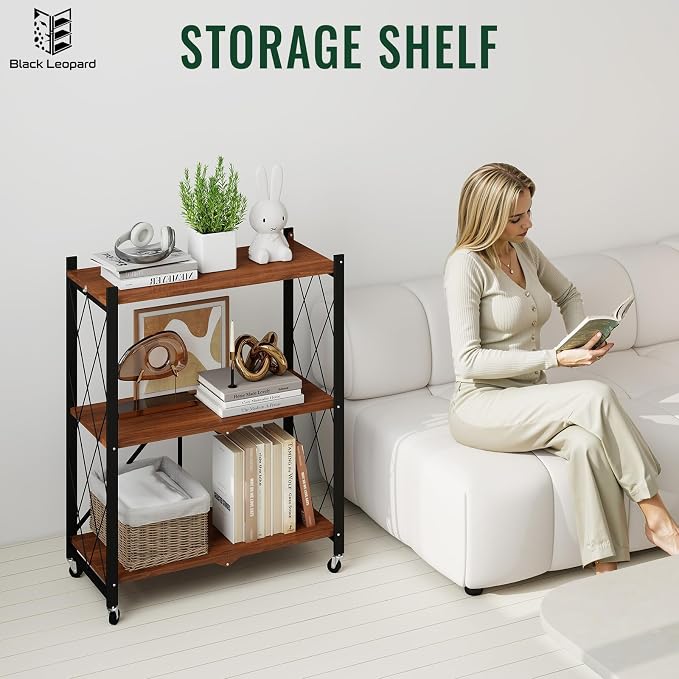 black leopard 3-Tier Foldable Shelf with Wheels, Wood-Grain Steel Shelves | Pre-assembled frame unfolds in seconds with tool-free wheel setup for fast, convenient use.