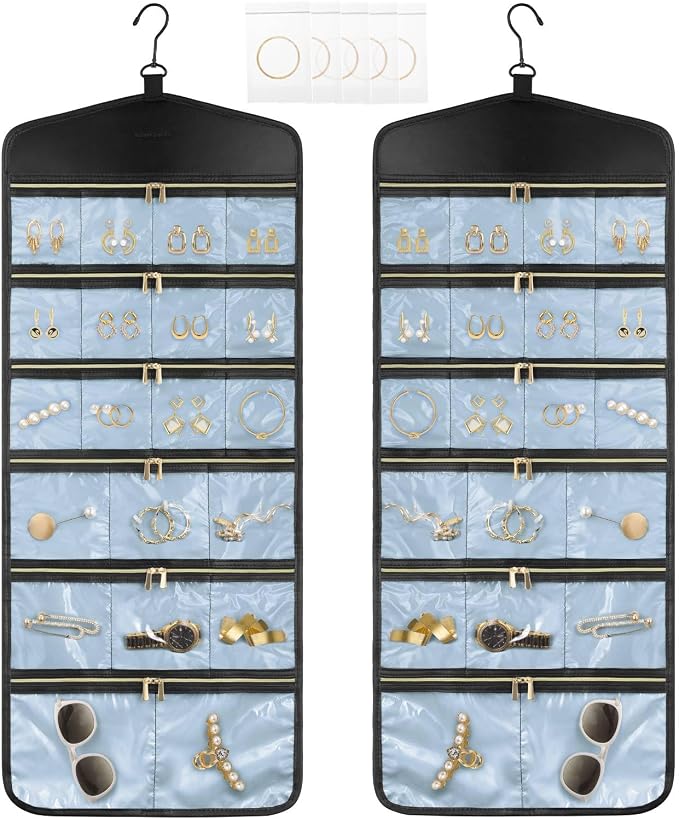 CHICECO Hanging Jewelry Organizer With Zippered Pockets,40 Pockets Travel Jewelry Organizer Storage for Cloest,Wall,Door (Blue)