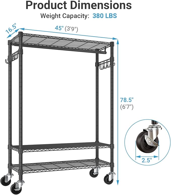 VIPEK R3C Plus Garment Rack Rolling Clothes Racks with Locking Wheels, Heavy Duty Clothing Rack Portable Closet with Adjustable Shelves & Side Hooks, Black Rack with Grey Upgraded Polyester Cover