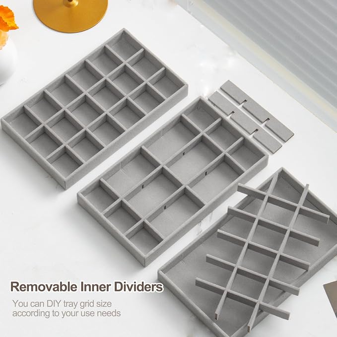 SPAKOWN Jewelry Trays Organizer for Drawer, 9 Set of Small Jewelry Display Case Storage Velvet Stackable Drawer Inserts Organizer for Necklaces Bracelets Earrings Rings (Grey)