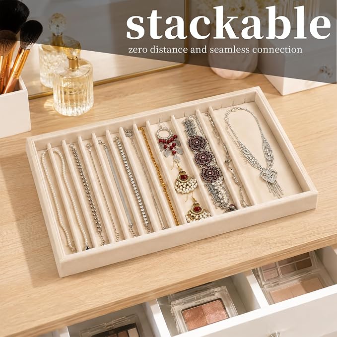 2 Sets Large Jewelry Trays with Drawer Insert Velvet Jewelry Organizer Tray for Women, Jewelry Display Trays with 16 Grids